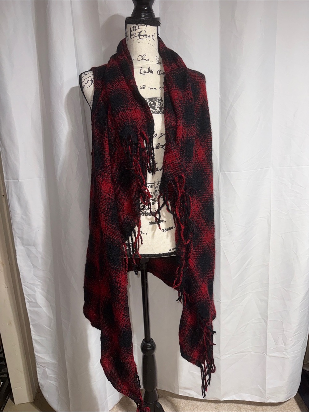 Maurices Red and Black Plaid Sleeveless Open Front Vest